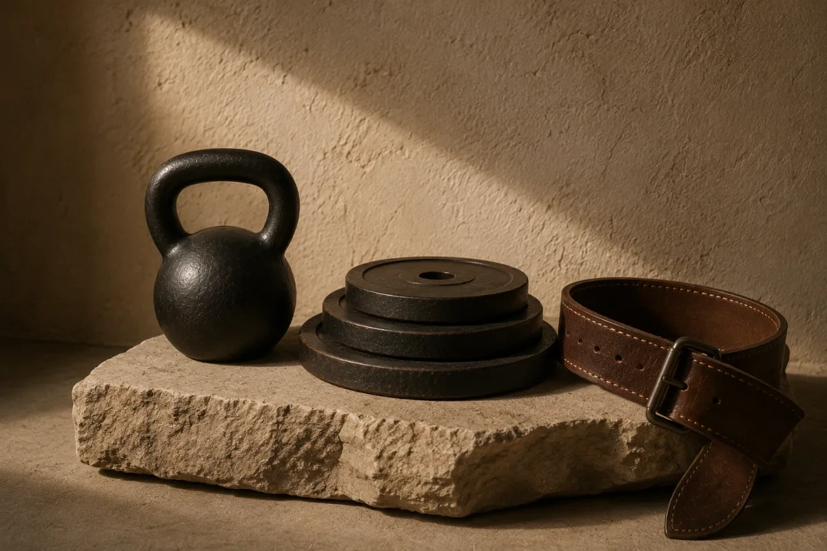 Matte plates, kettlebells and a leather belt arranged on cut stone.