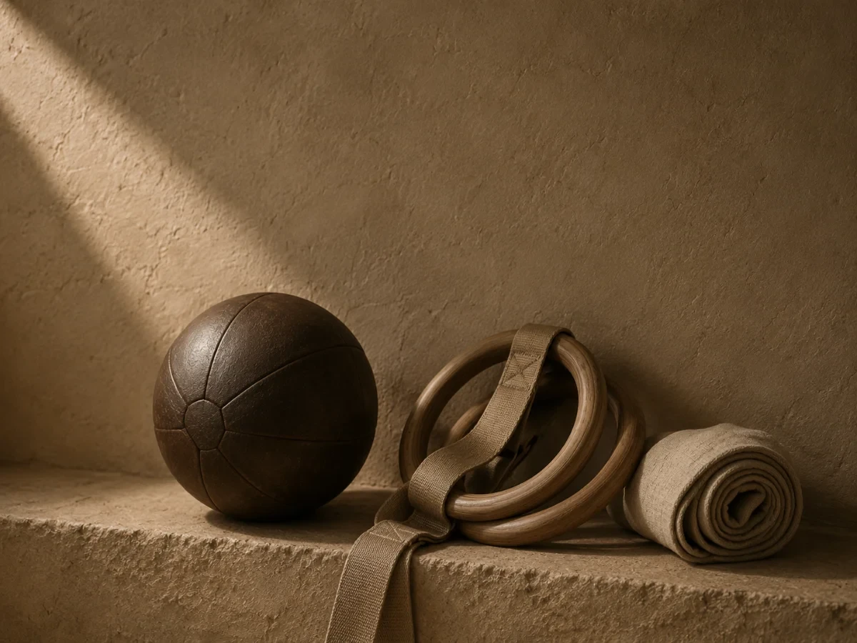 Wooden rings, a medicine ball and folded linen in warm natural light.